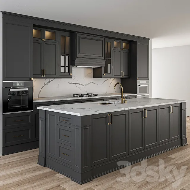 Kitchen NeoClassic – Dark Gray and Gold Set 26 3D Model Kitchen NeoClassic – Dark Gray and Gold Set 26 3D Model