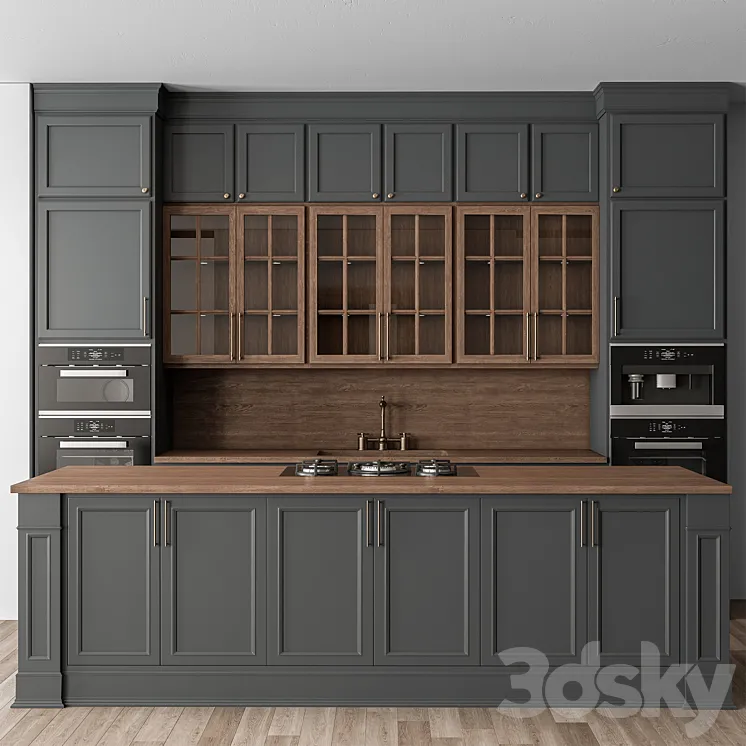 Kitchen NeoClassic – Gray and Wood Set 68 3D Model Free Download