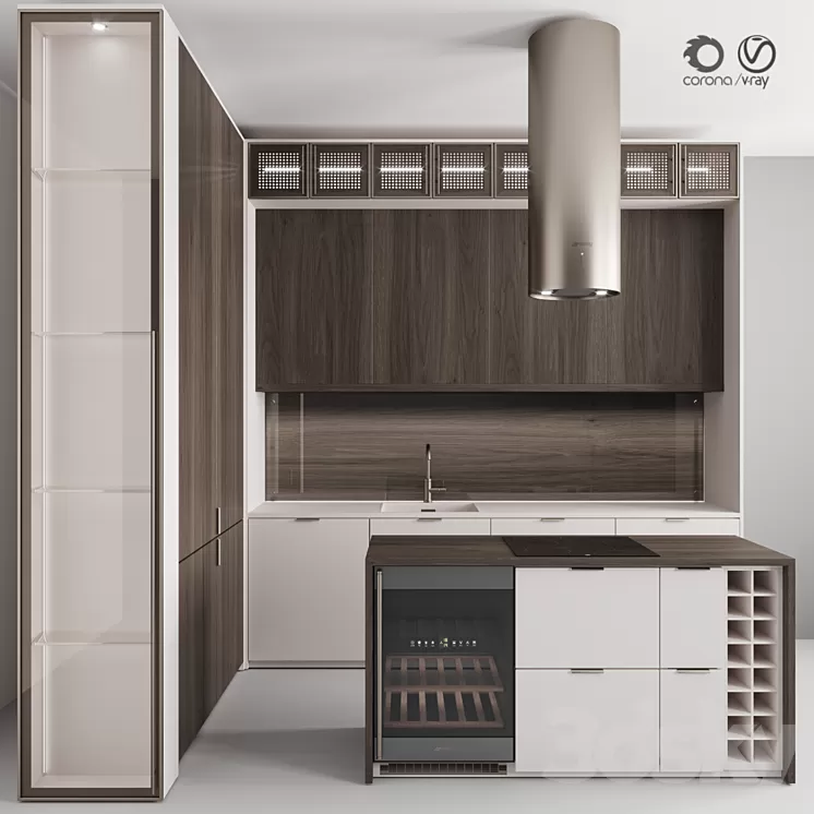 “Kitchen No. 100 “”Dark Wood and Beige””” 3D Model “Kitchen No. 100 “”Dark Wood and Beige””” 3D Model