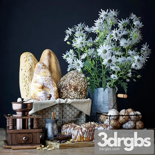 Kitchen set with bread and cinnapons 3D Model Download