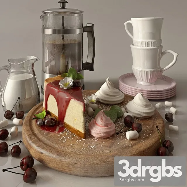 Kitchen set with cofee and cherry cheesecake 3D Model Download