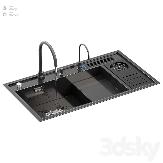 Kitchen Sink With High Pressure Cup Steel Black 3DModel Kitchen Sink With High Pressure Cup Steel Black 3DModel