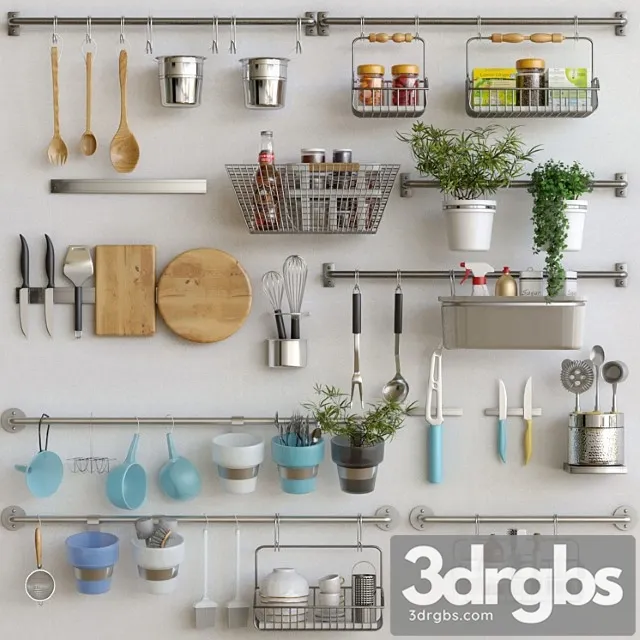 Kitchen utensils with spices groceries and flowerpots 3D Model Download