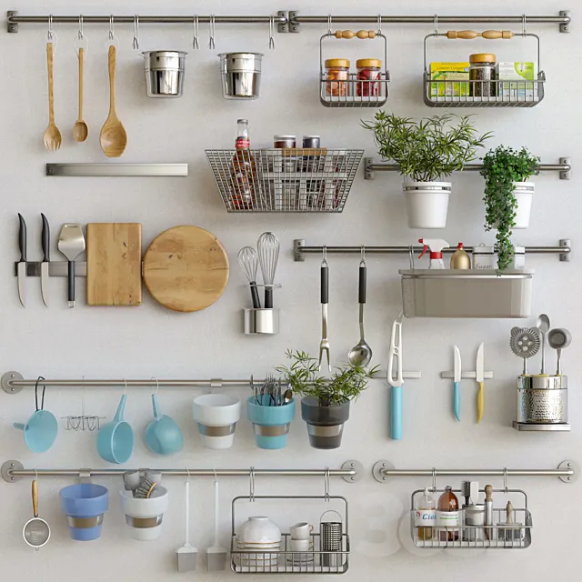 Kitchen utensils with spices groceries and flowerpots 3D Model