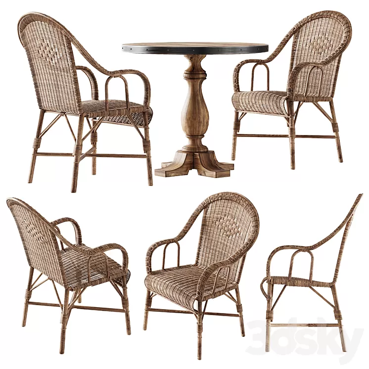 Kokmaison Fauteuil grand pere wicker chair and round table 3D Model