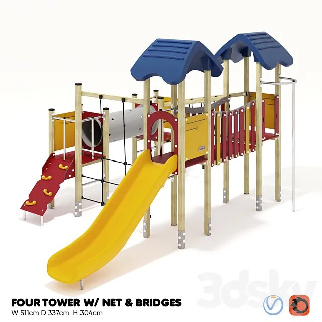 KOMPAN. FOUR TOWERS WITH NETWORK AND BRIDGES 3D Model KOMPAN. FOUR TOWERS WITH NETWORK AND BRIDGES 3D Model
