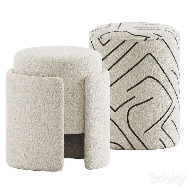 Lambhair Ottoman & Renwill Rachelle Stools 3D Model Lambhair Ottoman & Renwill Rachelle Stools 3D Model