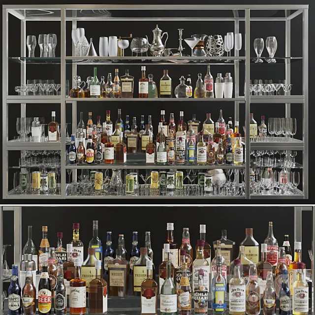 Large bar showcase with strong alcohol. The pub 3DModel