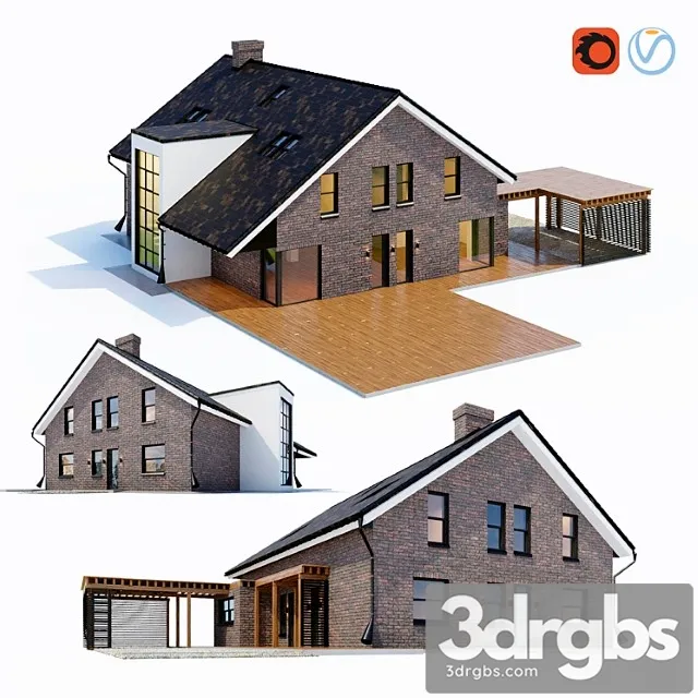 Large Cottage With A Carport 3D Model Download