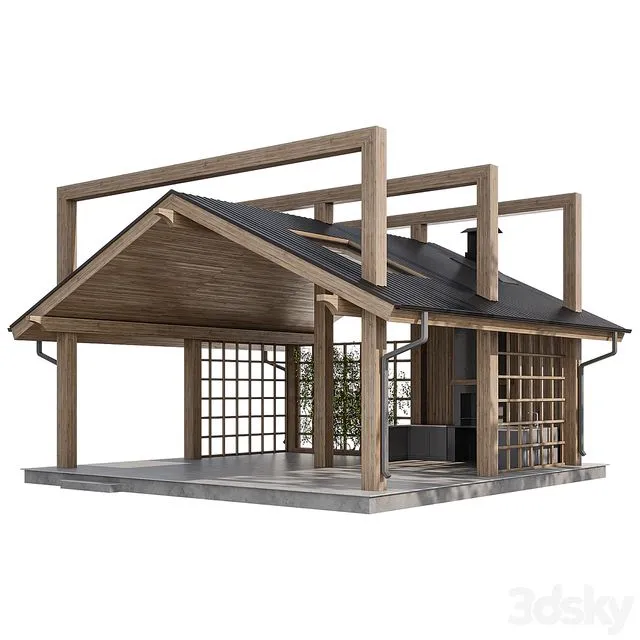 Large gazebo with barbecue 3D Model Large gazebo with barbecue 3D Model