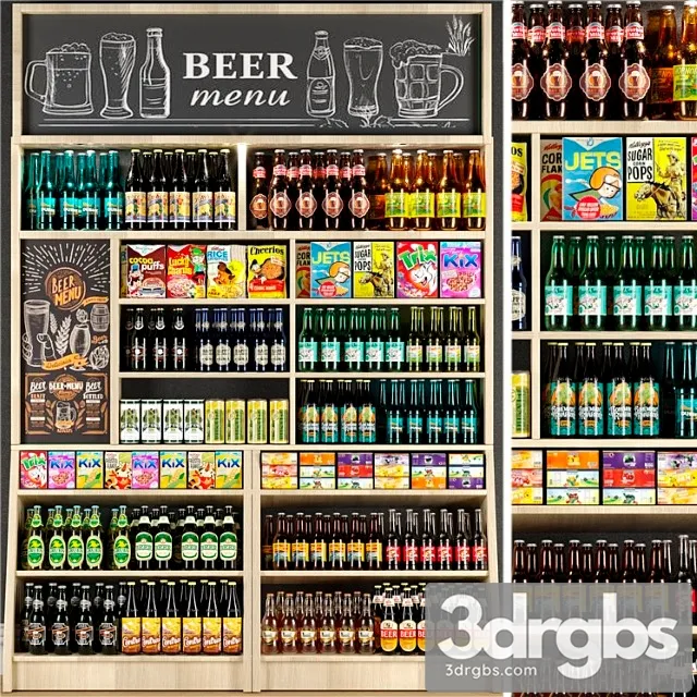 Large shelf in the supermarket with beer and cider 3D Model Download