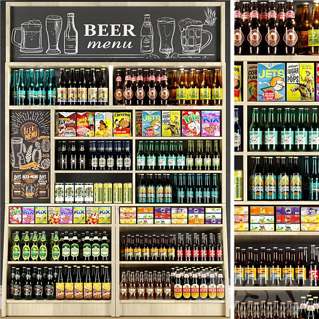 Large shelf in the supermarket with beer and cider 3D Model