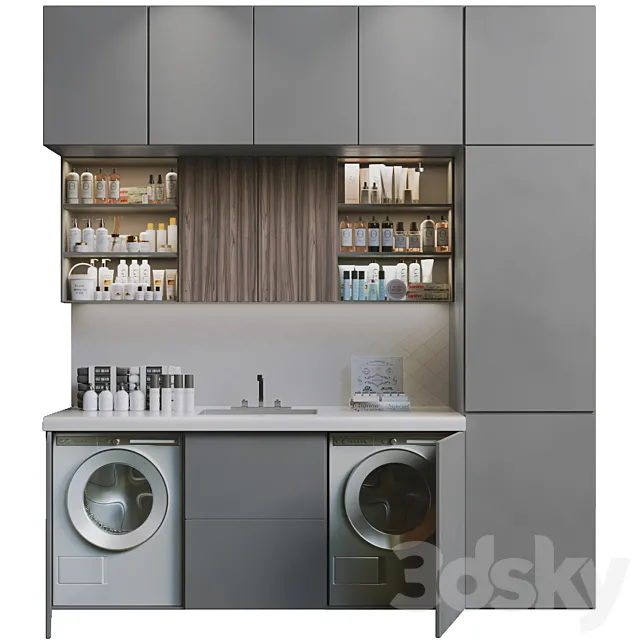 Laundry room in gray with cosmetics household appliances and bathroom accessories 8 3D Model