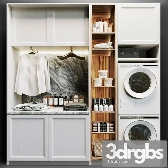 Laundry room in white with household appliances, cosmetics and clothes 8 Laundry room in white with household appliances, cosmetics and clothes 8