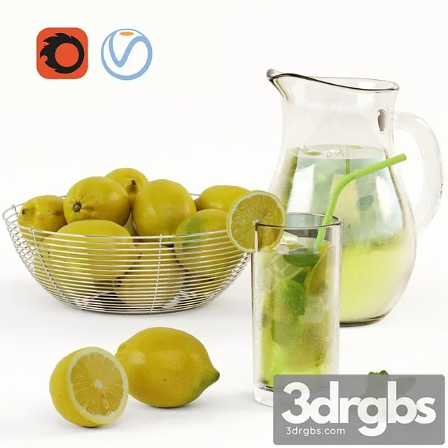 Lemonade and bowl with lemons 3D Model Download