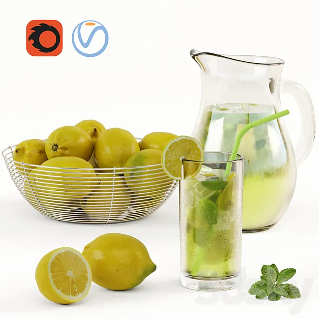 Lemonade and Bowl with Lemons 3DModel