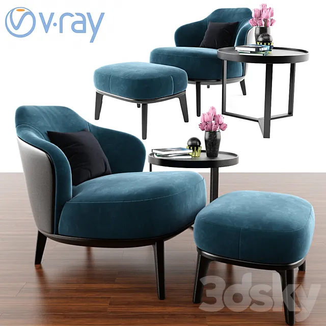 Leslie Ottoman Minotti With Armlesschair & Aula Coffee Table 3DModel Leslie Ottoman Minotti With Armlesschair & Aula Coffee Table 3DModel