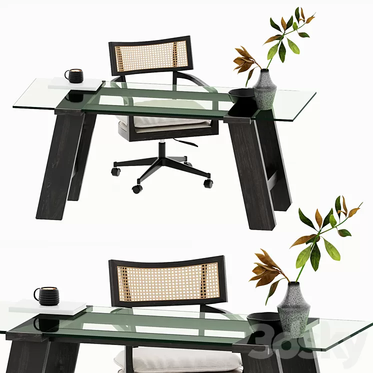 Libby Cane Desk Chair and Madison Glass table 3D Model