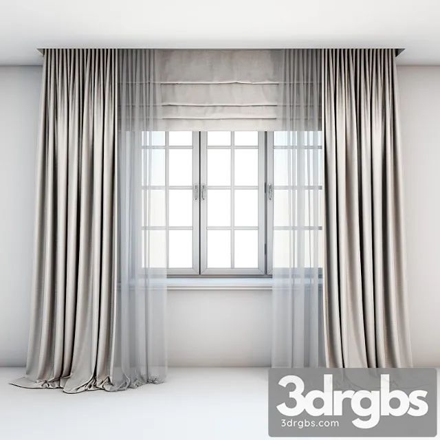 Light Beige Curtains In The Floor With Tulle Decoration Roman Curtains And A Window With Layouts 3D Model Download