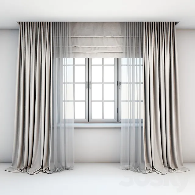 Light beige curtains in the floor with tulle decoration. Roman curtains and a window with layouts. 3DModel Light beige curtains in the floor with tulle decoration. Roman curtains and a window with layouts. 3DModel