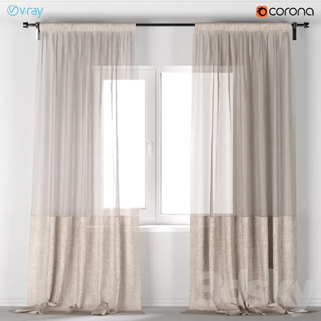 Light beige curtains of linen and tulle. 3D Model Light beige curtains of linen and tulle. 3D Model