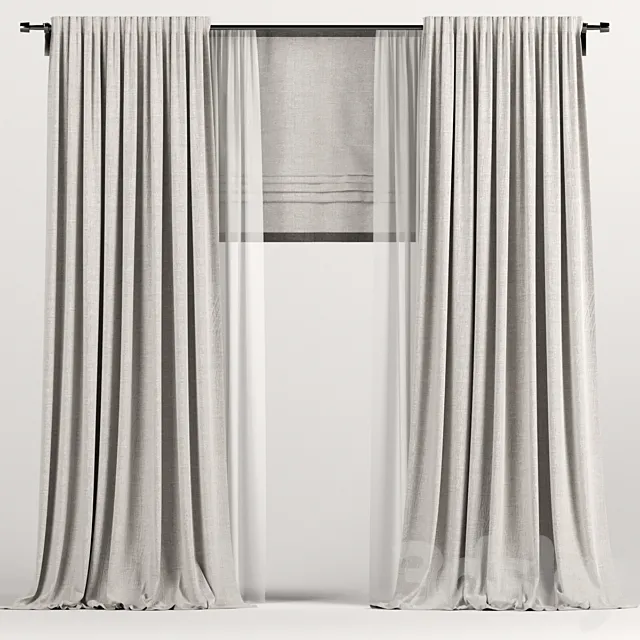 Light brown curtains with Roman and tulle. 3D Model Light brown curtains with Roman and tulle. 3D Model