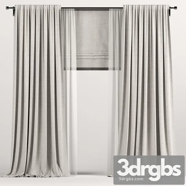 Light brown curtains with roman and tulle. 3D Model Download