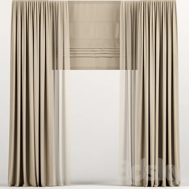 Light brown curtains with Roman and tulle. 3D Model Light brown curtains with Roman and tulle. 3D Model