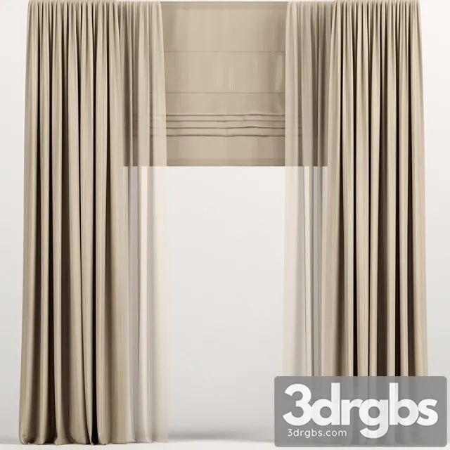Light brown curtains with roman and tulle._2 3D Model Download