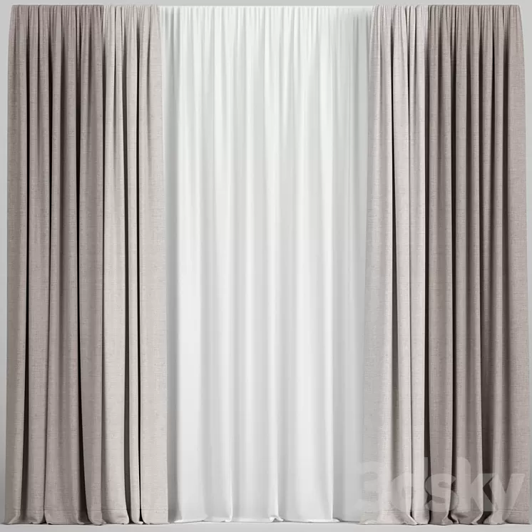 Light brown curtains with tulle. 3D Model Light brown curtains with tulle. 3D Model