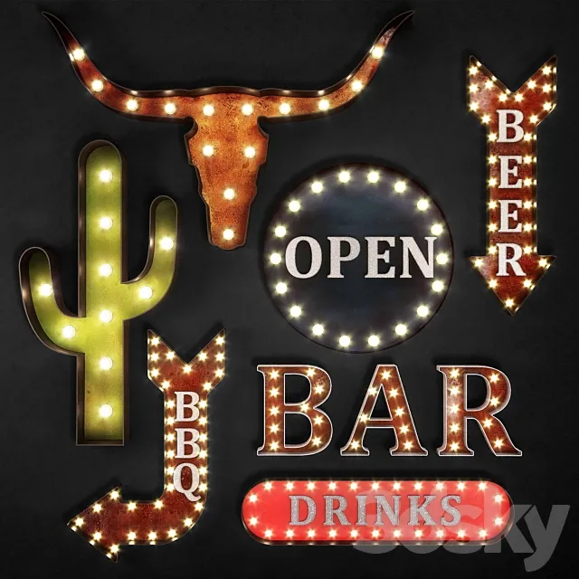 Lighted Metal sign. Set 17 3D Model Lighted Metal sign. Set 17 3D Model