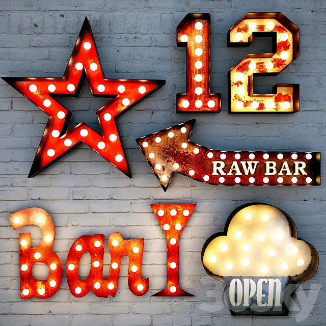 Lighted Metal sign. Set 2 3D Model Lighted Metal sign. Set 2 3D Model