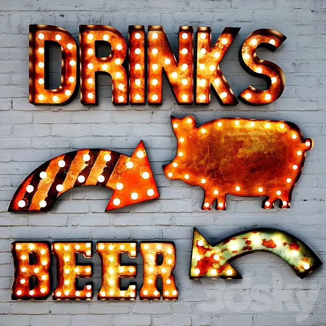 Lighted Metal sign. Set 3 3DModel Lighted Metal sign. Set 3 3DModel