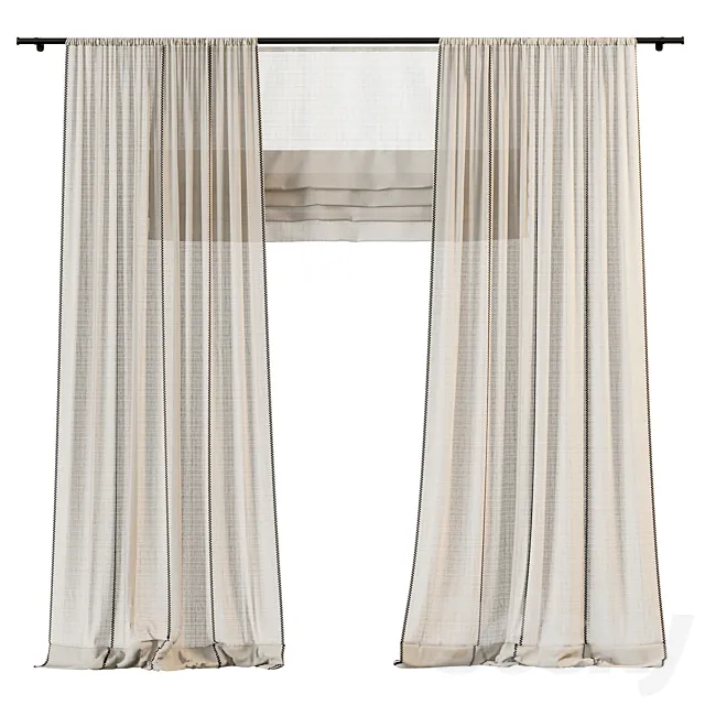 Linen curtains with contrast stitching 3D Model