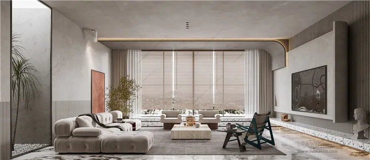 Living Room 3D Interior Scene Model – Wabi Sabi Style – 038 Living Room 3D Interior Scene Model – Wabi Sabi Style – 038