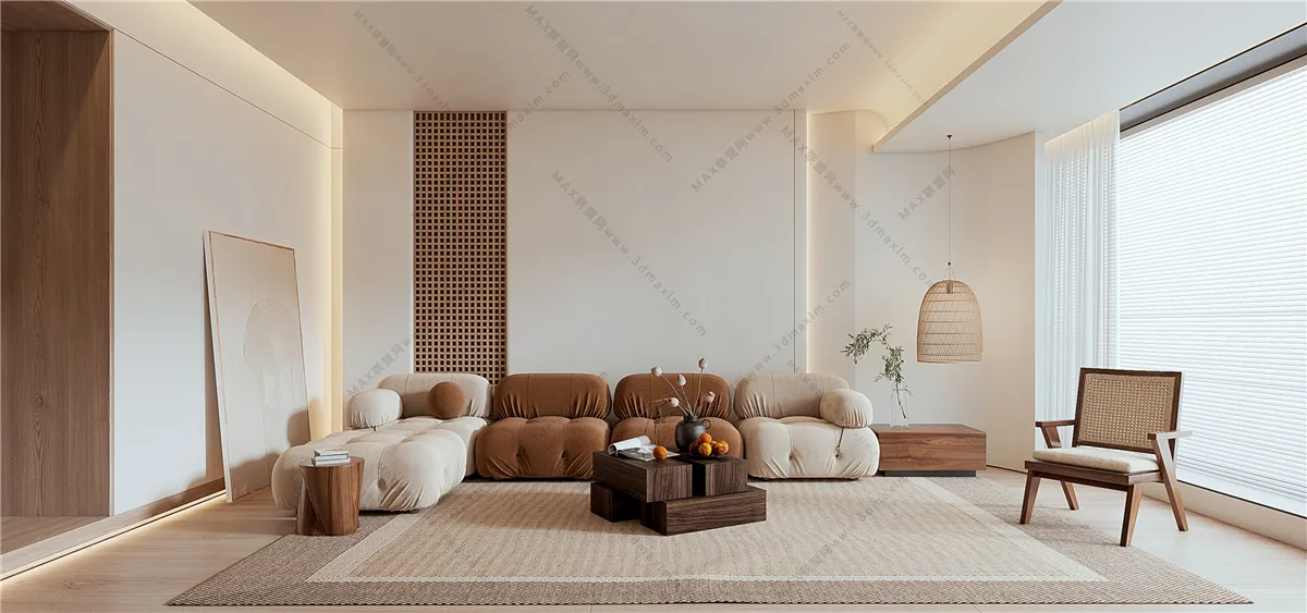 Living Room 3D Interior Scene Model – Wabi Sabi Style – 039 Living Room 3D Interior Scene Model – Wabi Sabi Style – 039