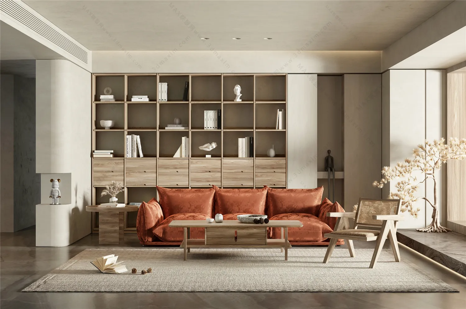 Living Room 3D Interior Scene Model – Wabi Sabi Style – 044 Living Room 3D Interior Scene Model – Wabi Sabi Style – 044