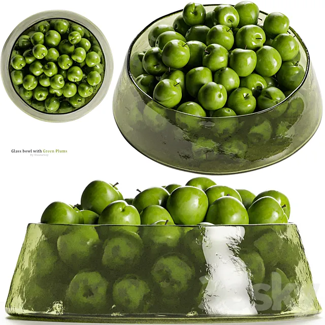 Low Glass Bowl Centerpiece with Green Plums 3DModel