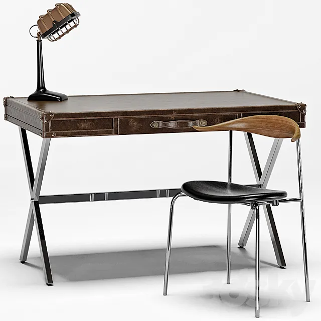 Luke Industrial Leather Desk CH88 Stacking Chair Shermer Industrial Lamp 3D Model