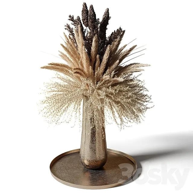 Lush bouquet of dried flowers in a metal vase 3D Model Lush bouquet of dried flowers in a metal vase 3D Model