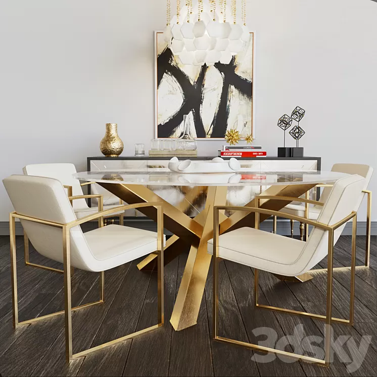 Luxury set of furniture. Collection of table and chairs with elements of gold and glass 3D Model Luxury set of furniture. Collection of table and chairs with elements of gold and glass 3D Model