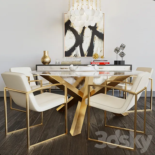 Luxury set of furniture. Collection of table and chairs with elements of gold and glass 3DModel