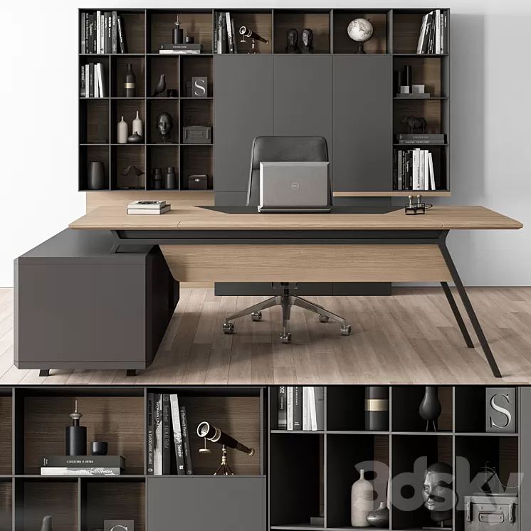 Manager Desk and Library Wood and Black – Office Furniture 266 3D Model Free Download