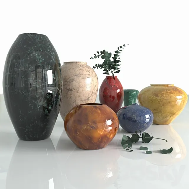 Marble vases. eucalyptus branches 3DModel
