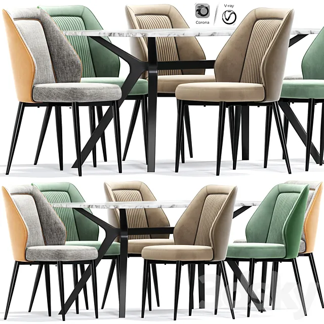 Marcello Set Faux Leather Dining Chairs Table 3D Model