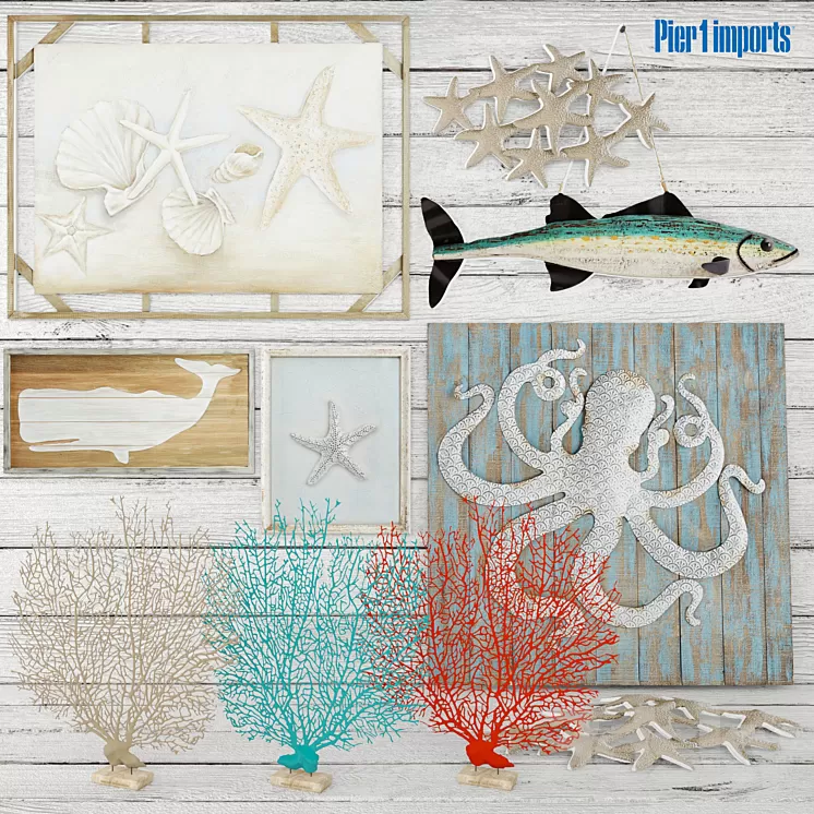 Marine decorative set. pier1 painting marine style decor wall wooden coral octopus 3D Model