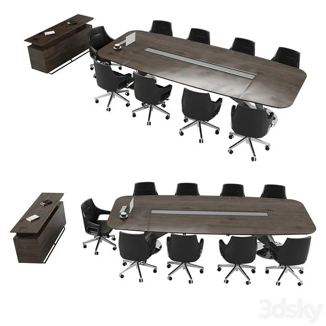 Meeting Table with Office Chairs and Cabinet 3D Model