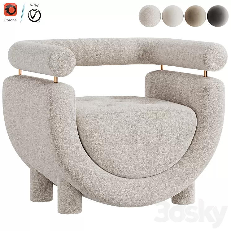 Mel Armchair Wood Brass Beige Jacquard Velvet Pearl Cotton Linen Boucle Fabric 3D Model Free Download