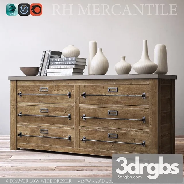 Mercantile 6 Drawer Low Wide Dresser 1 3D Model Download
