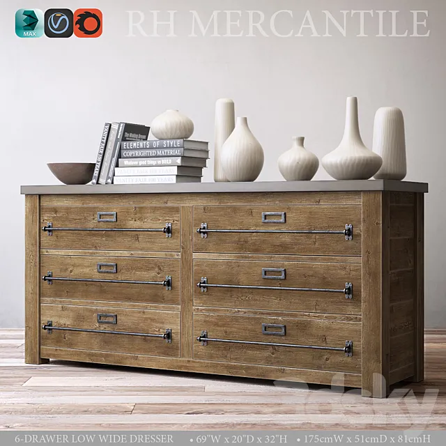 MERCANTILE 6-DRAWER LOW WIDE DRESSER 3D Model